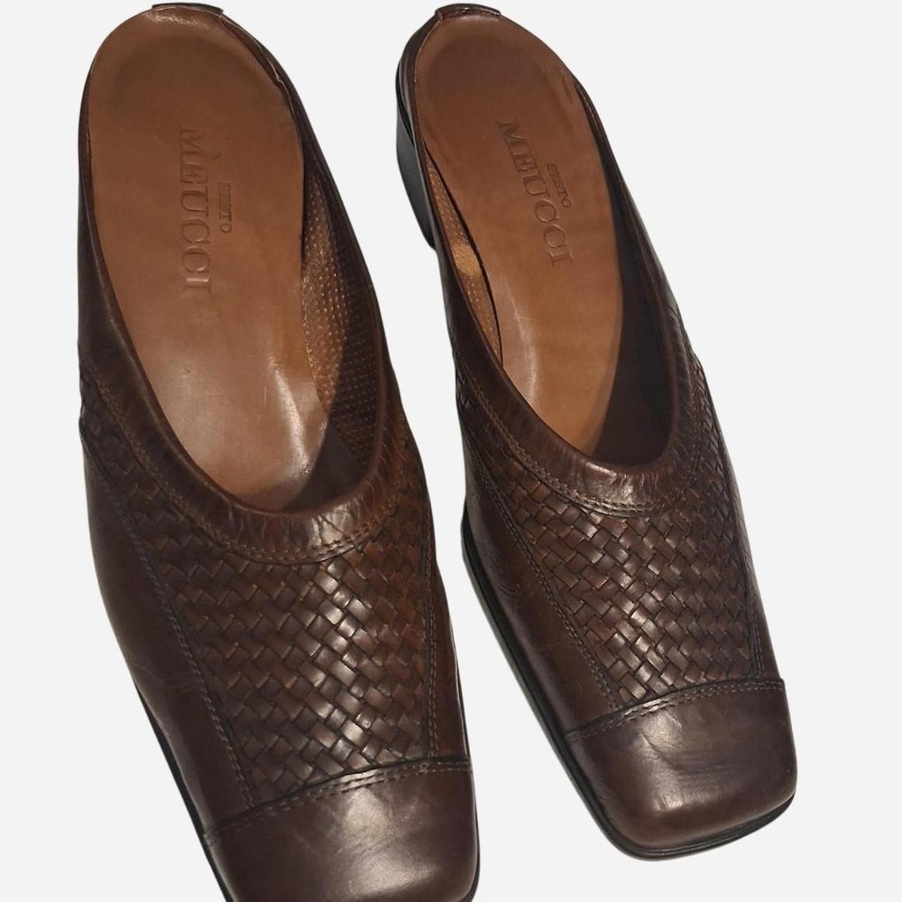 Womens Vintage 90s Brown leather woven mules with square toe Sesto Meucci